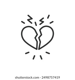 Broken heart, in line design. Heartbreak, heart broken, emotional pain, heartache, love loss, sadness on white background vector. For the theme broken heart, editable stroke icon.