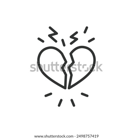 Broken heart, in line design. Heartbreak, heart broken, emotional pain, heartache, love loss, sadness on white background vector. For the theme broken heart, editable stroke icon.