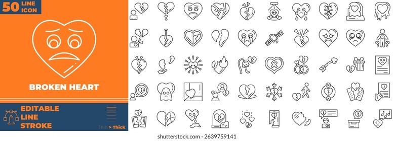 Broken Heart Line Editable Icons set. Vector illustration in modern thin line style of broken heart icons: heart, broken, cry, arrow heart, etc