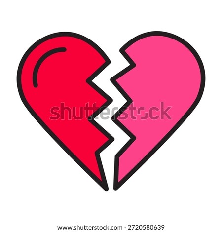 Broken heart line icon with editable stroke and color fill. Clean outline, modern vector style. Perfect for heartbreak, breakup, sad romance designs, apps and cards.