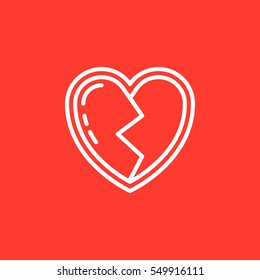 Broken heart line icon, outline vector sign, linear white pictogram isolated on red. Symbol, logo illustration