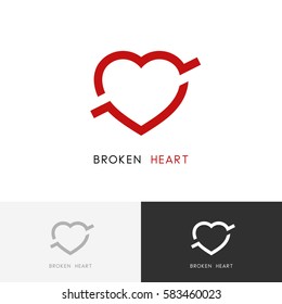 Broken heart logo -  arrow or bullet in the love symbol. Divorce or breakup vector icon.