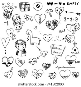 Broken Heart And Love Heart Doodle Vector Set