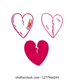 broken heart or love icons with pink color and doodle art