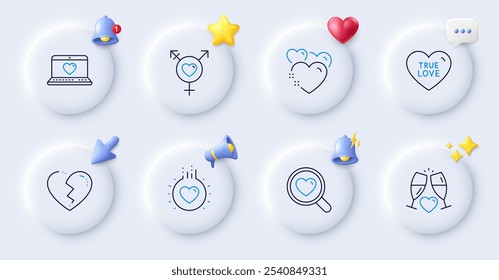 Corazón roto, corazón y amor iconos de línea. Botones con campana 3D, discurso de chat, cursor. Pack de amor verdadero, gafas de Boda, icono de género. Para el App del Web, imprimiendo. Vector