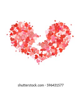 Broken heart made up of little red and pink hearts isolated on white
