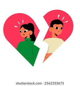 Broken Heart With Male And Female Characters In Flat Vector Illustration Symbolizing Heartbreak, Separation, And Emotional Distress, Isolated On White Background