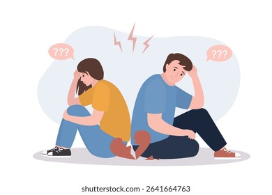 Broken heart, male and female characters. Heartbreak, separation and emotional distress. Family conflict. Break up relationship. Married man and woman angry, not talking. flat vector illustration
