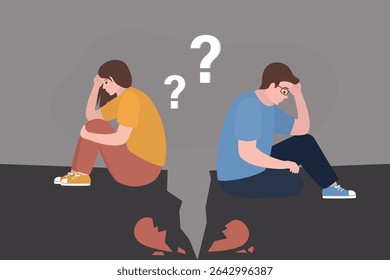 Broken heart, male and female characters. Break in relationship, crack, discord. Heartbreak, separation and emotional distress. Family conflict. Married man and woman angry, not talking. flat vector