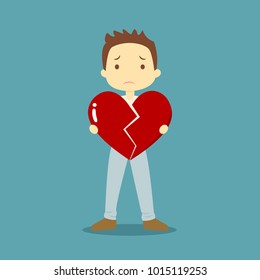 A broken heart man cartoon character. Tearing heart love symbol vector