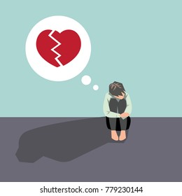 Broken heart man sitting and hug his knee-vector cartoon