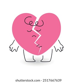 broken heart mascot with stitches. sad or unhappy love. bad communication emoji. vector illustration on white bg. editable stroke