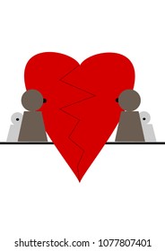 broken heart in the middle, four figures outside: the representation of two adults and two children