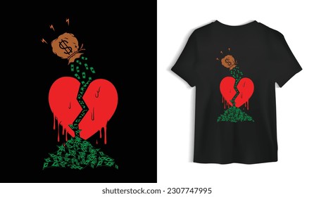 Broken Heart Money t-shirt design, Heart illustration, t-shirt design