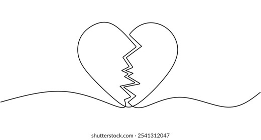 Broken heart motif illustrated in a continuous one line drawing. Concept of love. Hand-drawn minimalist vector design.