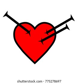 broken heart  and nails vector, red grunge heart  drawn brush by hand - graphic shape icon Isolated vector calligraphic inscription love. 