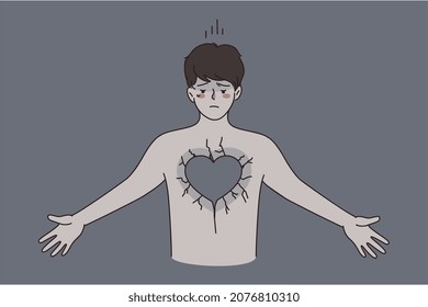 Broken heart and negative emotions concept. Young unhappy man in depression standing with grey stone heart feeling nothing vector illustration 