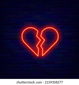 Broken heart neon icon. Unrequited love. Romantic signboard. Valentines day emblem. Shiny effect banner. Pictogram on brick wall. Luminous label. Editable stroke. Vector stock illustration