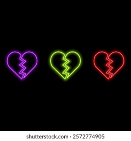 Broken heart neon icon. Unrequited love. Romantic sign. Valentine's Day emblem. Vector illustration.