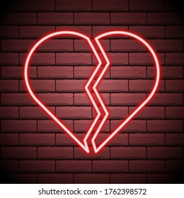 Broken heart neon light icon. Heartbreak glowing sign. Beak up. Vector isolated illustration.