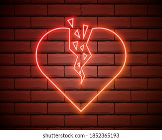 Broken heart neon light icon. Heartbreak glowing sign. Beak up. Vector isolated illustration