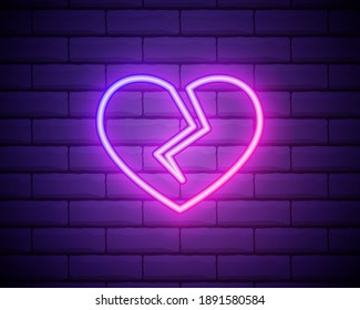 Broken heart neon light icon. Heartbreak glowing sign. Beak up. Vector isolated illustration.