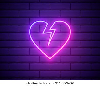 Broken heart neon light icon. Heartbreak glowing sign. Beak up. Vector illustration isolated on brick wall.
