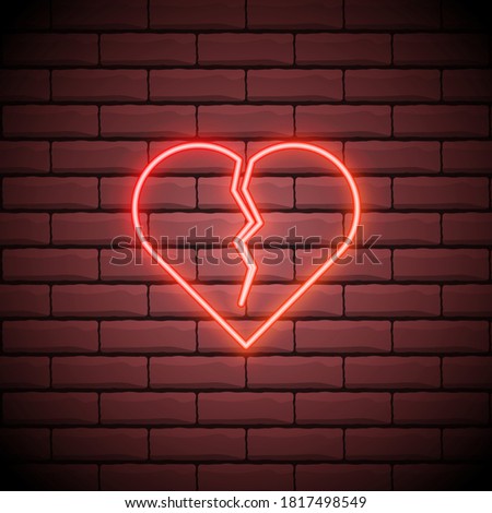 Broken heart neon light icon. Heartbreak glowing sign. Beak up. Vector isolated illustration.