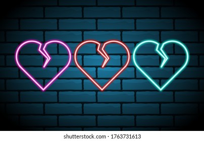 Broken heart neon sign. Decoration element. Vintage neon heart on a signboard. Eps10 vector.