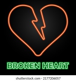 broken heart neon sign, modern glowing banner design, colorful modern design trends on black background. Vector illustration.