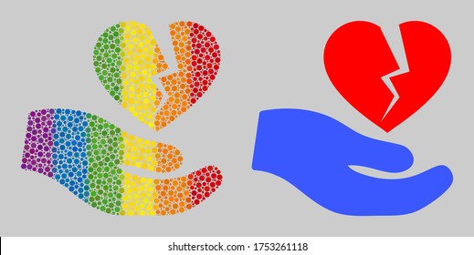 Broken heart offer hand composition icon of spheric blots in various sizes and rainbow color hues. A dotted LGBT-colored Broken heart offer hand for lesbians, gays, bisexuals, and transgenders.