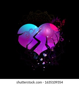 Broken heart on a black background with a floral pattern. Broken love concept.
