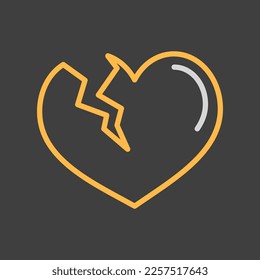Corazón roto en icono de fondo oscuro. Símbolo del día de San Valentín. Ilustración vectorial, elementos románticos. Pegatina, parche, insignia, tarjeta para matrimonio, boda