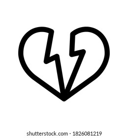 Broken heart outline icon. Black and white item from set, linear vector.