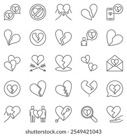 Broken Heart outline icons set. Vector heartbreak concept linear symbols and breakup signs