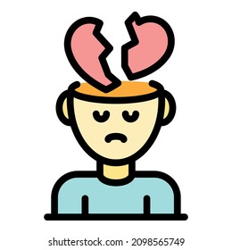 Icono de corazón roto sobre cabeza. Contorno de corazón roto sobre cabeza de icono de vector color plano aislado