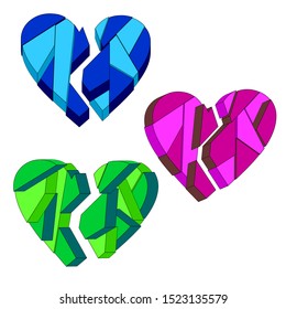 Broken heart Parts of the heart. Isometric. Separately on a white background.