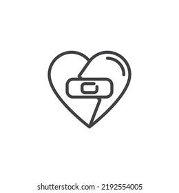 Broken heart patch line icon. linear style sign for mobile concept and web design. Heart with bandage outline vector icon. Symbol, logo illustration. Vector graphics