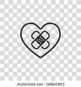 broken heart with patch. linear symbol with thin outline. simple single icon. Black symbol on transparency grid