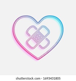 broken heart with patch. linear symbol with thin outline. simple single icon. Colored logo with diagonal lines and blue-red gradient. Neon graphic, light effect