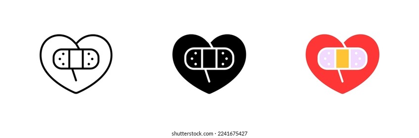 Broken heart with patch set icon. Relationships, band aid, sad, upset, heal, care, plaster, betrayal, lie, deceive. Feelings concept. Vector icon in line, black and colorful style on white background