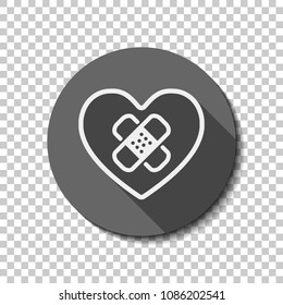 broken heart with patch. simple single icon. White flat icon with long shadow in circle on transparent background. Badge or sticker style