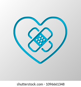 broken heart with patch. simple single icon. Paper design. Cutted symbol with shadow