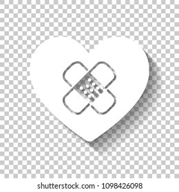 broken heart with patch. simple single icon. White icon with shadow on transparent background