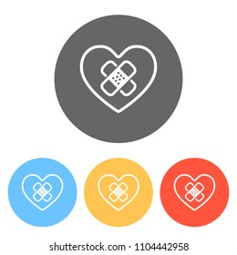 broken heart with patch. simple single icon. Set of white icons on colored circles