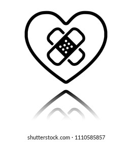 broken heart with patch. simple single icon. Black icon with mirror reflection on white background