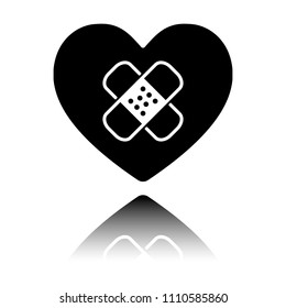 broken heart with patch. simple single icon. Black icon with mirror reflection on white background