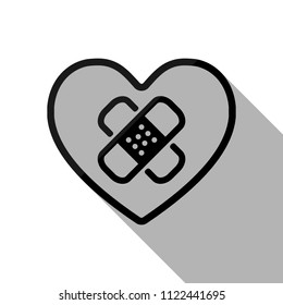 broken heart with patch. simple single icon. Black object with long shadow on white background
