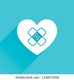 broken heart with patch. simple single icon. Gray icon with long shadow in bottom left corner on blue background