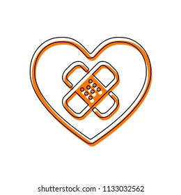 broken heart with patch. simple single icon. Isolated icon consisting of black thin contour and orange moved filling on different layers. White background